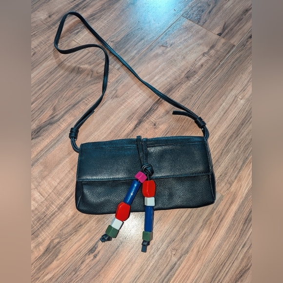 Black French Connection crossbody purse with beaded front. Faux leather bag. - Picture 1 of 9